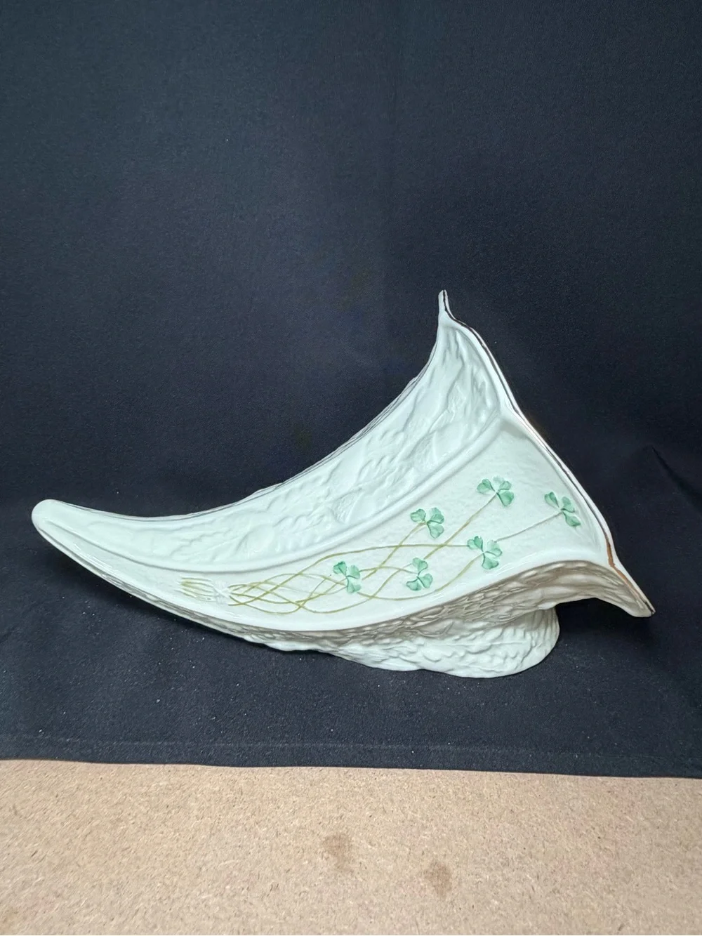 Belleek Pottery Ireland Shamrock Gold Accent Cornucopia 7 Inch High 11.5 In Long